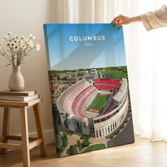 Columbus Ohio Travel Poster – Ohio State Stadium Art Print featuring a vibrant illustration of the stadium.