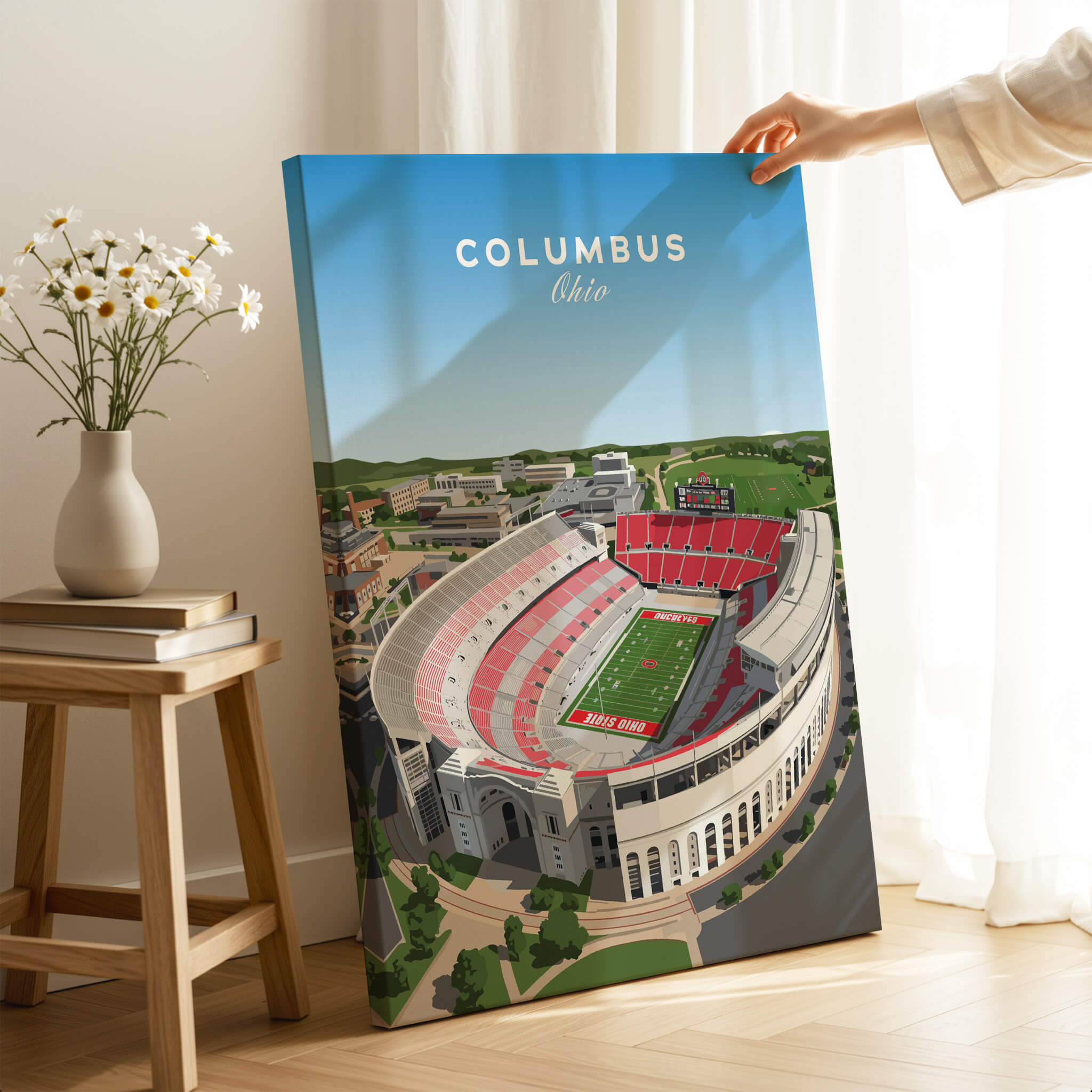 Columbus Ohio Travel Poster – Ohio State Stadium Art Print featuring a vibrant illustration of the stadium.