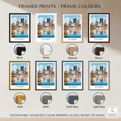 Columbus Ohio Wall Art – Cityscape Canvas Print showcased in various frame colors including black, white, natural, and brown.