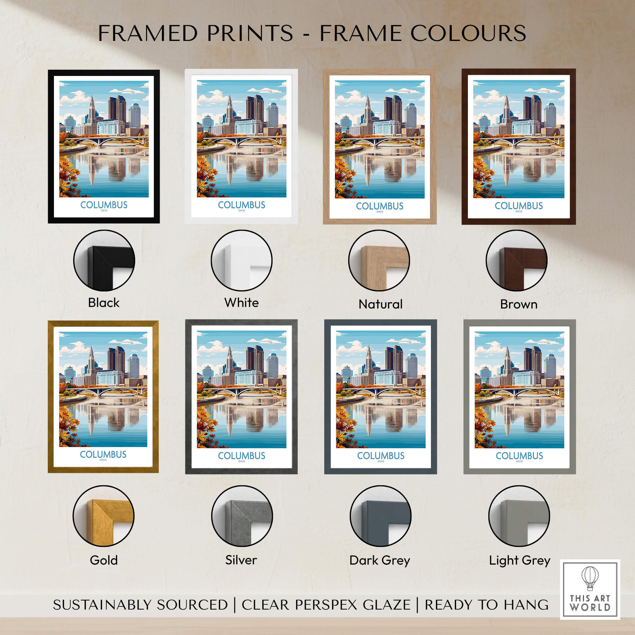 Columbus Ohio Wall Art – Cityscape Canvas Print showcased in various frame colors including black, white, natural, and brown.