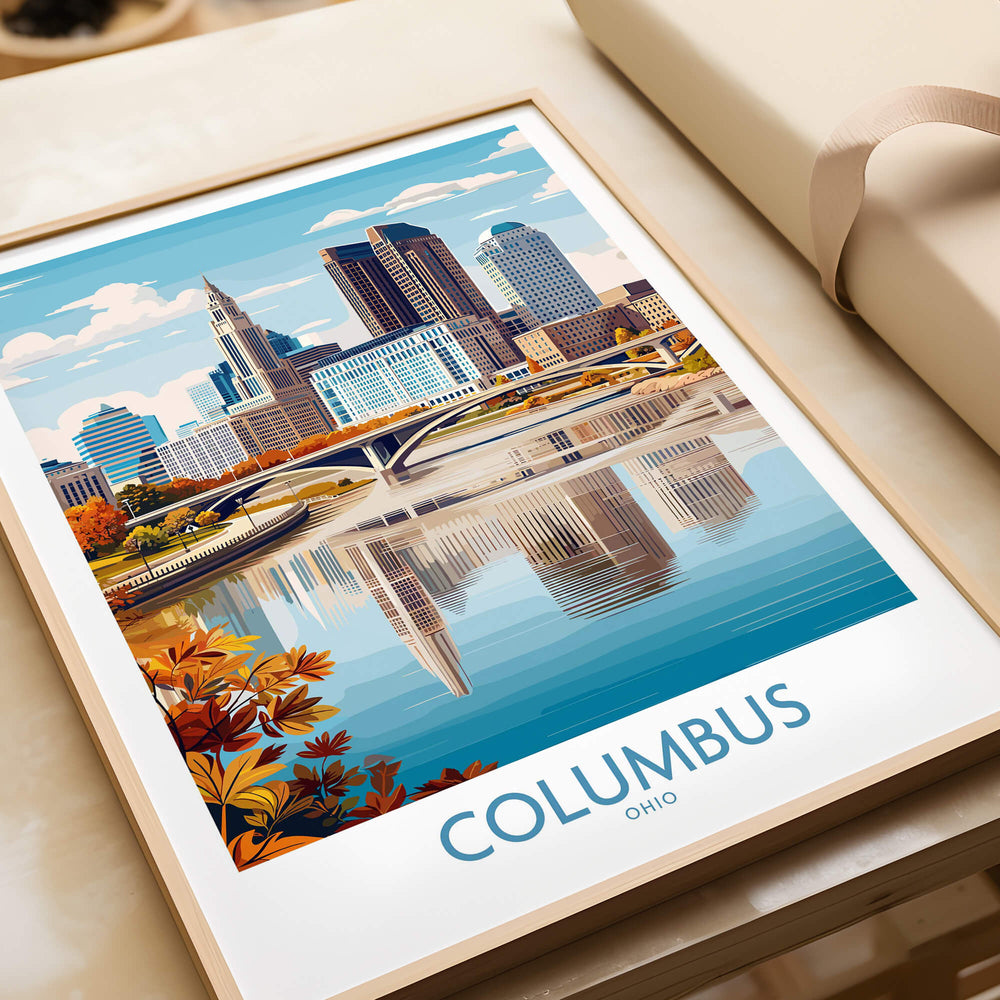 Columbus Ohio Wall Art – Cityscape Canvas Print showcasing the urban skyline and reflections in the river.