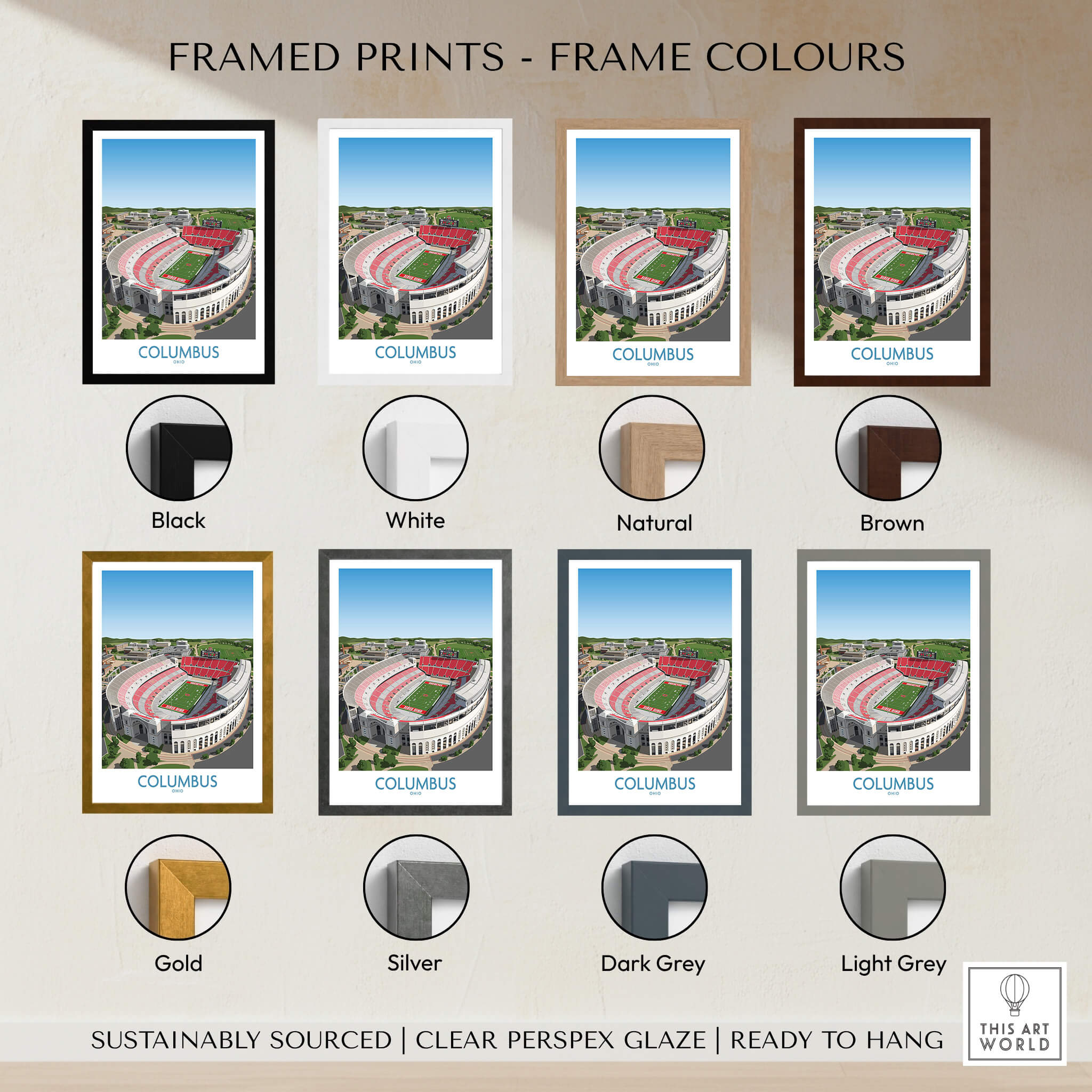 Columbus Ohio Wall Art – Collegiate Football Stadium Sports Decor framed print options in various colors.