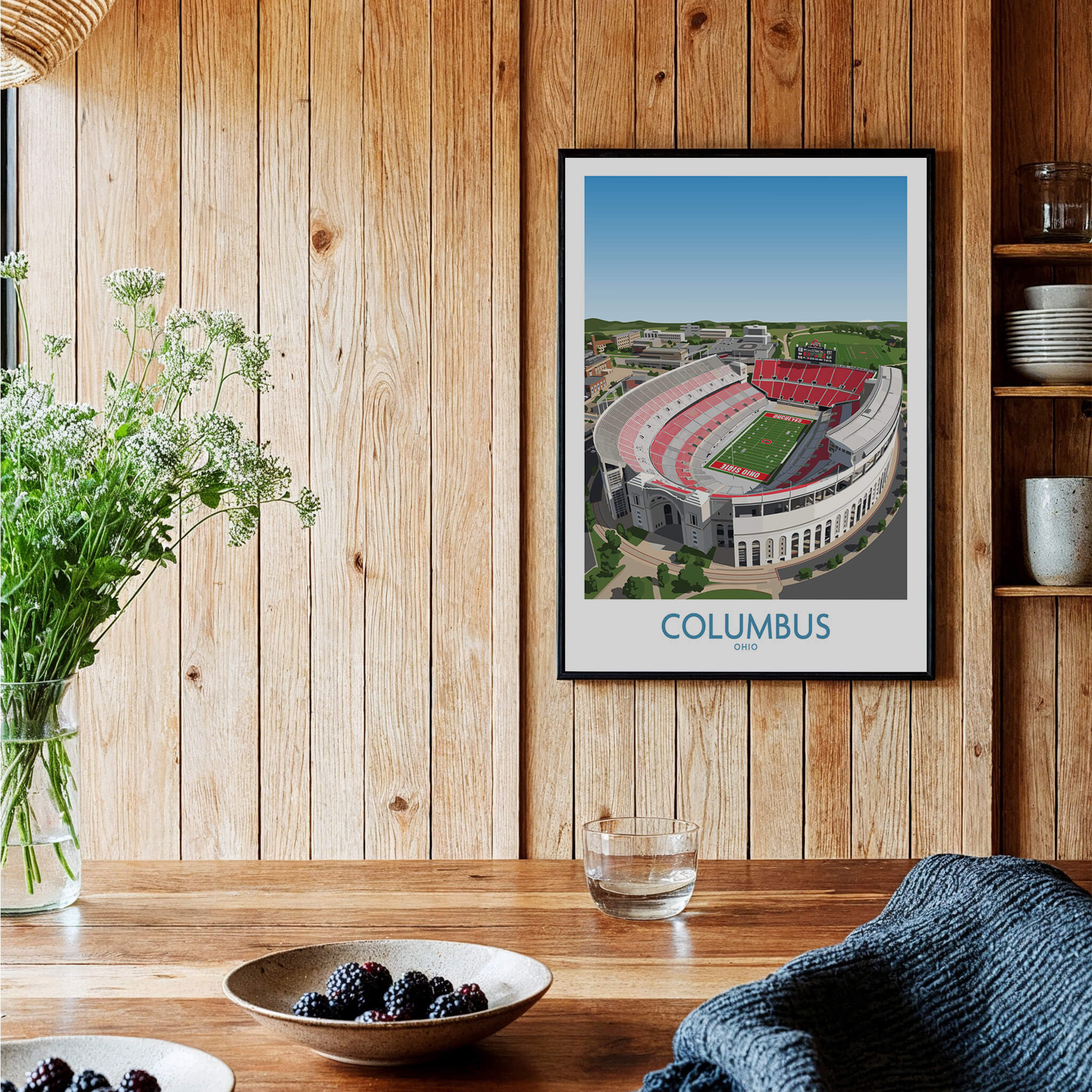 Columbus Ohio Wall Art – Collegiate Football Stadium Sports Decor framed print in a cozy interior setting.