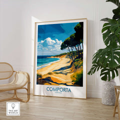 Comporta Coastline Print - Portuguese Travel Destination Decor featuring a vibrant beach scene and lush greenery.