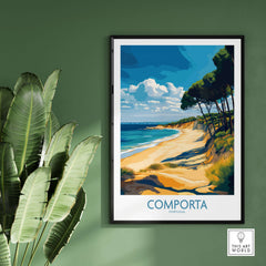 Comporta Coastline Print - Portuguese Travel Destination Decor showcasing a stunning beach scene with lush greenery.