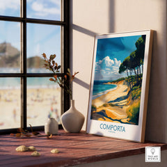 Comporta Coastline Print - Portuguese Travel Destination Decor displayed in a cozy home setting with beach view.