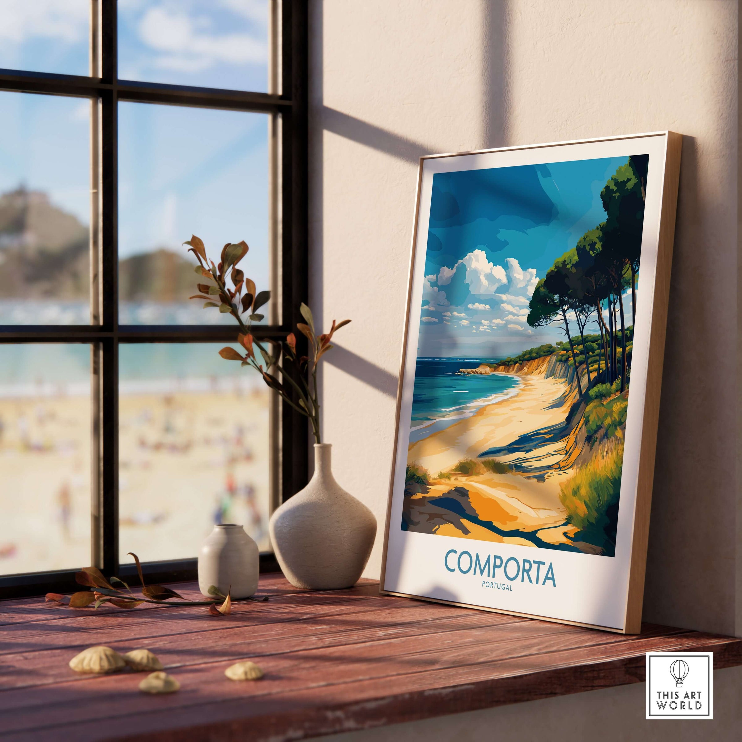 Comporta Coastline Print - Portuguese Travel Destination Decor displayed in a cozy home setting with beach view.