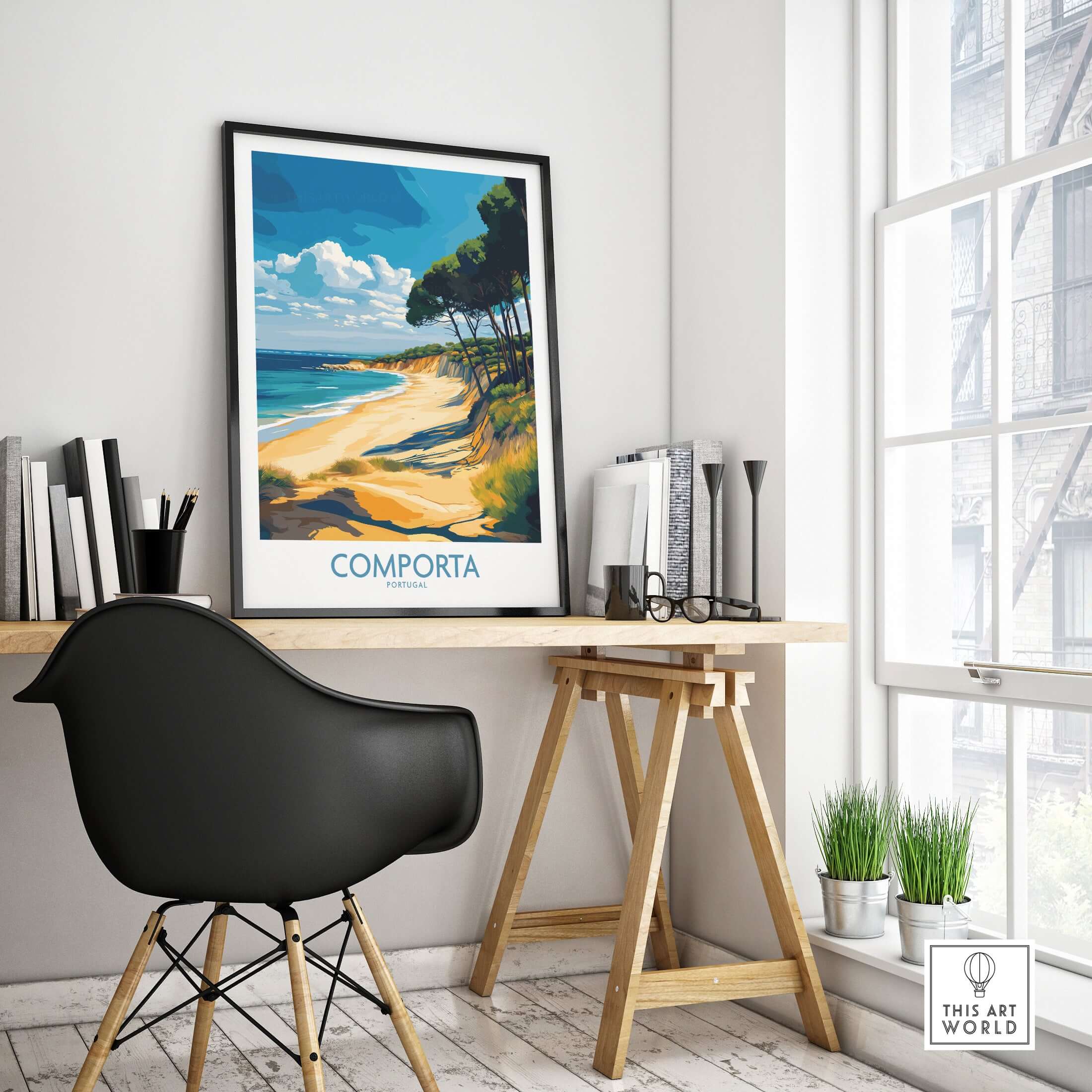 Comporta Coastline Print - Portuguese Travel Destination Decor displayed in a modern home office setting.