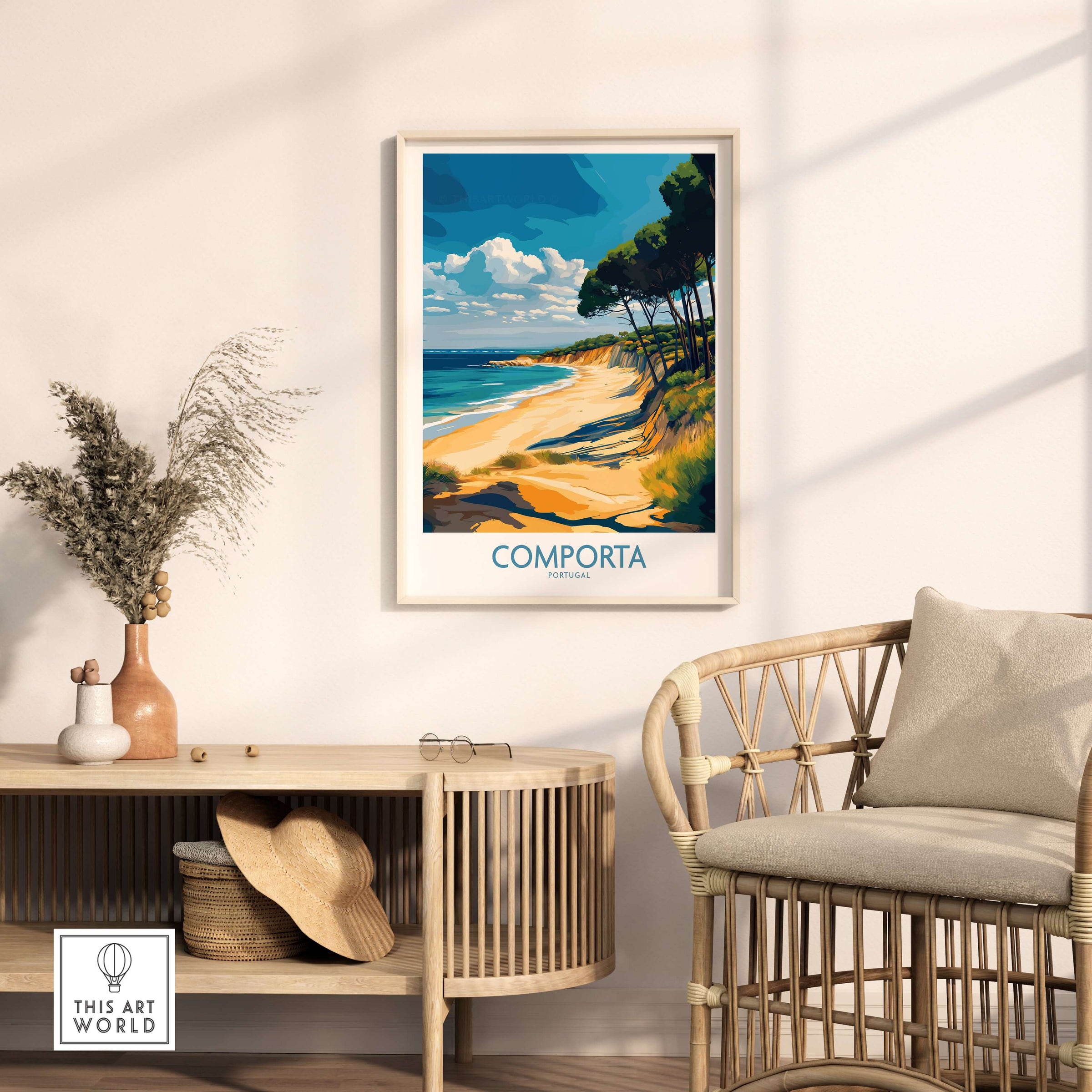 Comporta Coastline Print - Portuguese Travel Destination Decor displayed in a stylish living room decor.