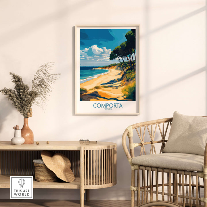 Comporta coastline print displayed in stylish decor, capturing the beauty of a Portuguese travel destination.