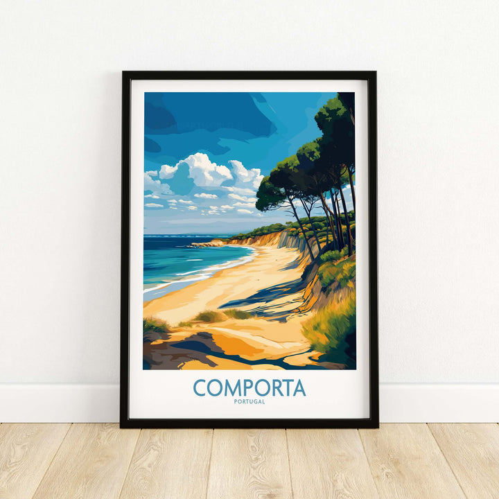 Comporta Coastline Print showcasing Portugal's beautiful beach and trees, perfect for travel-themed home decor.