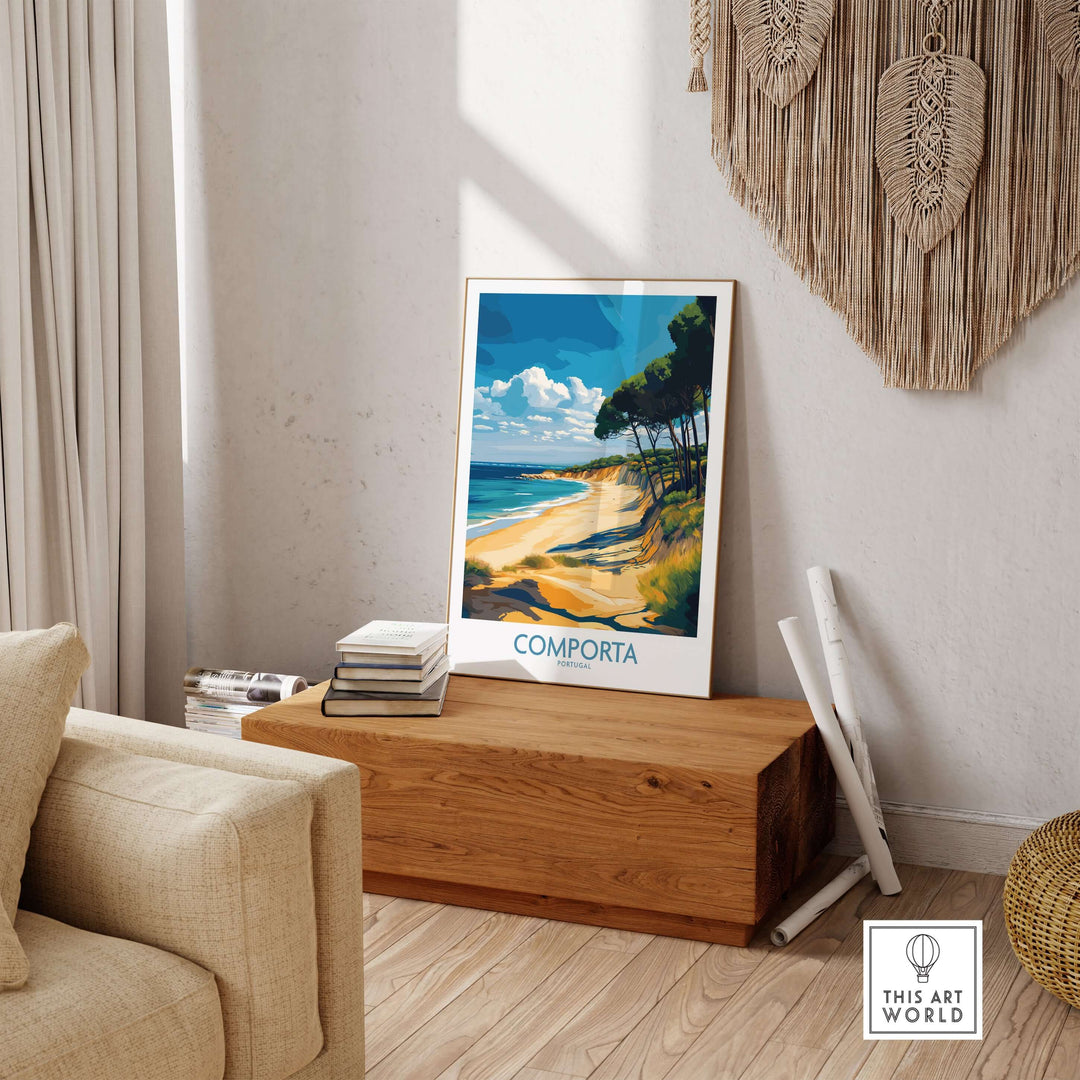 Comporta coastline print showcasing a scenic beach view, perfect for Portuguese travel decor in a stylish home setting.