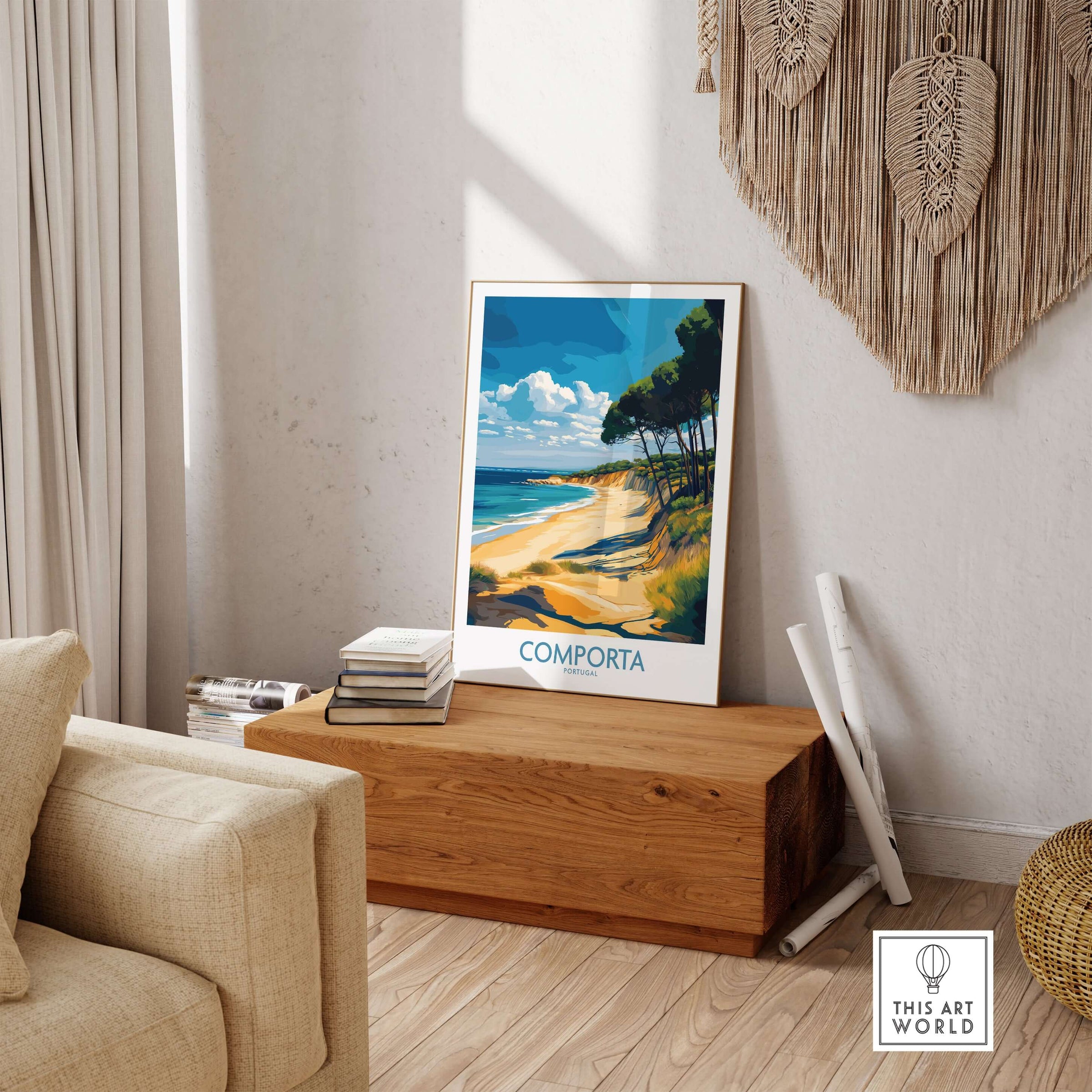 Comporta Coastline Print - Portuguese Travel Destination Decor displayed in a cozy living room setting.