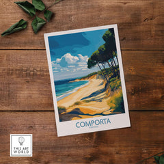 Comporta Coastline Print - Portuguese Travel Destination Decor showcasing a beach scene with trees and blue skies.