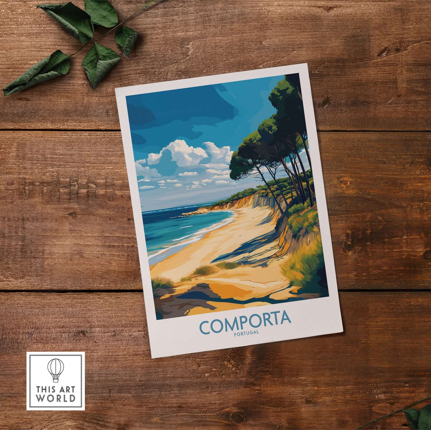 Comporta Coastline Print - Portuguese Travel Destination Decor showcasing a beach scene with trees and blue skies.