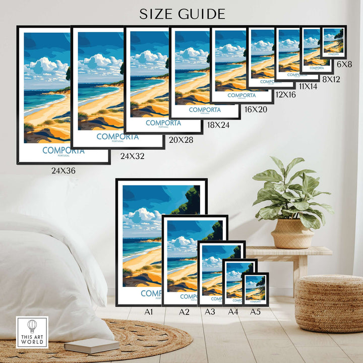 Comporta Coastline Print size guide displaying various frame sizes for home decor, showcasing a Portuguese travel destination.