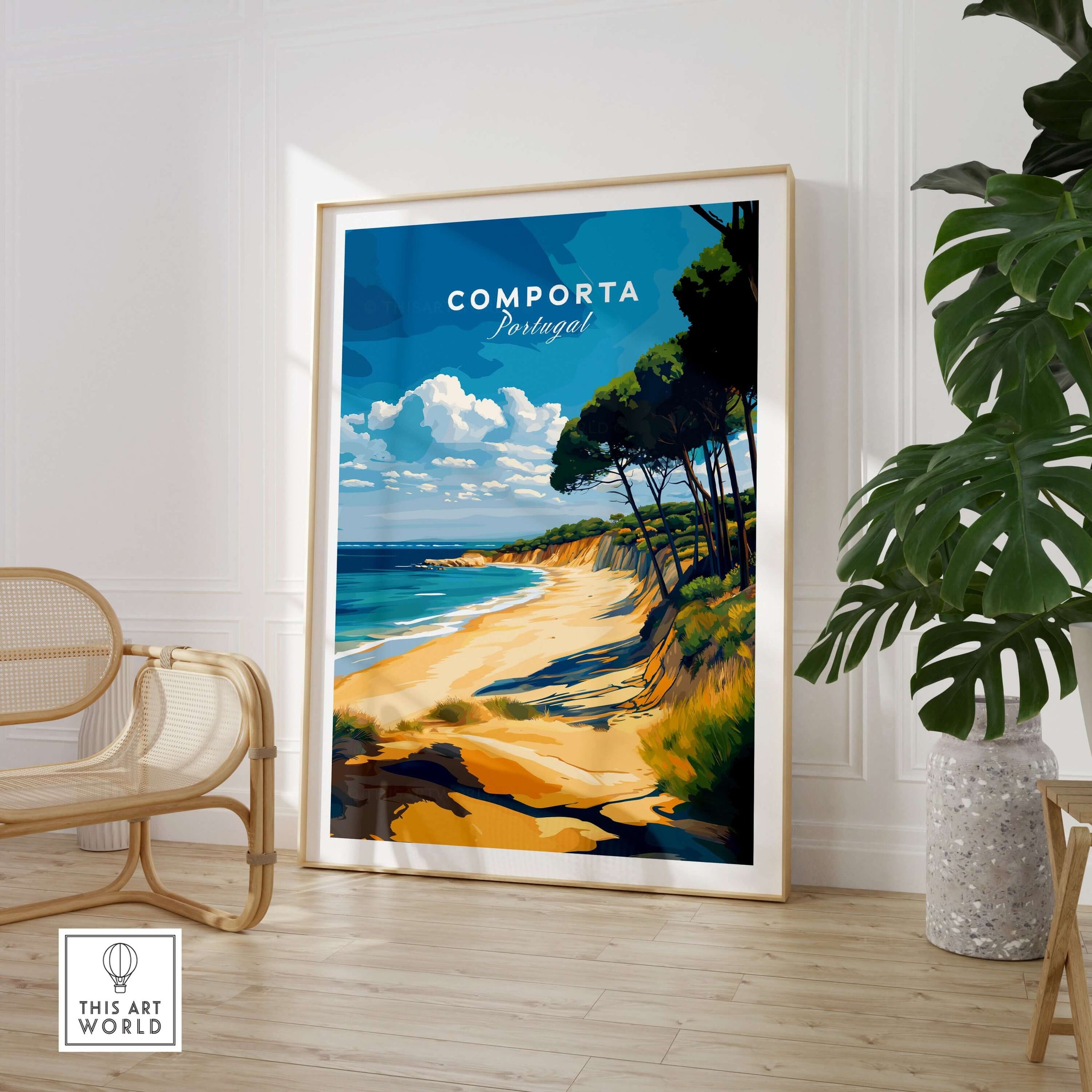 Comporta Portugal Beach Poster - Coastal Landscape Wall Art displayed in a modern living room with plants and decor.