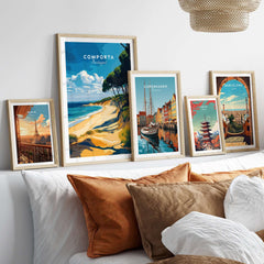 Comporta Portugal Beach Poster - Coastal Landscape Wall Art displayed among other travel posters in a cozy room setting.