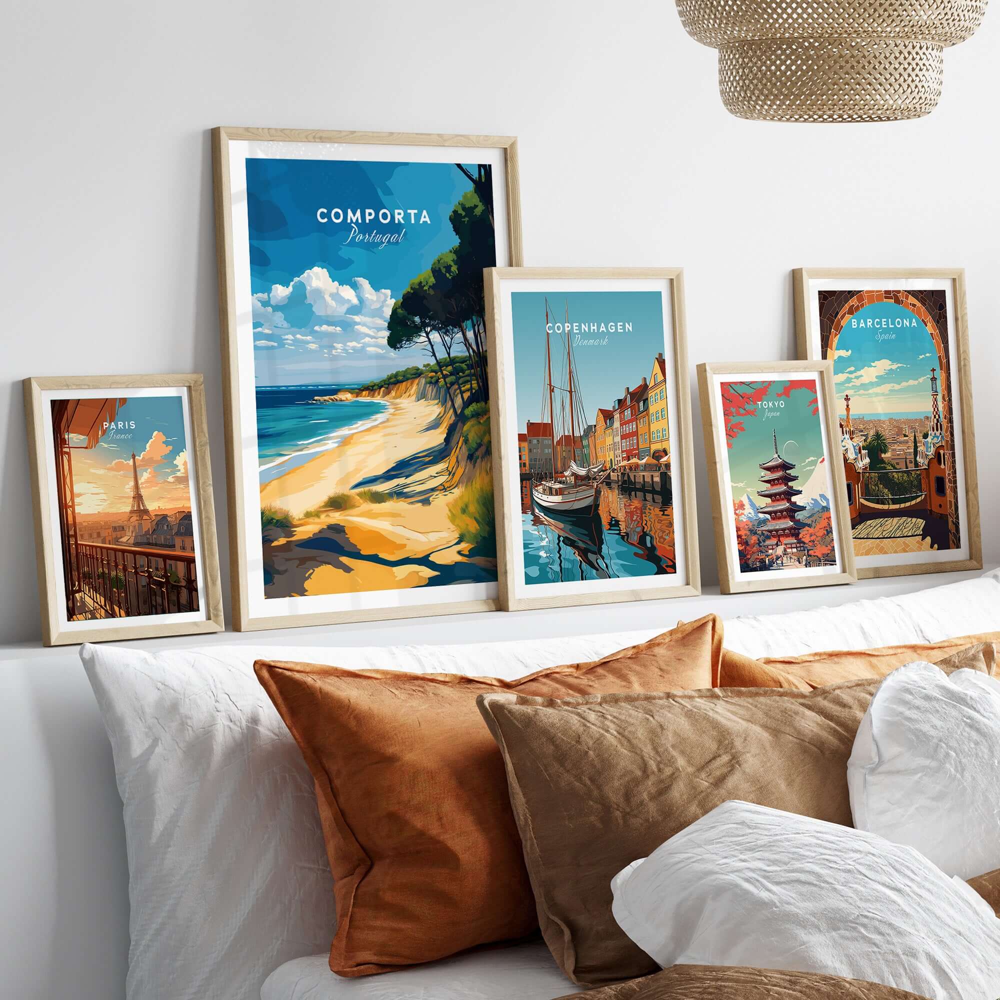 Comporta Portugal Beach Poster - Coastal Landscape Wall Art displayed among other travel posters in a cozy room setting.
