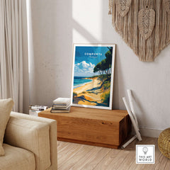 Comporta Portugal Beach Poster - Coastal Landscape Wall Art displayed in a stylish living room setting.