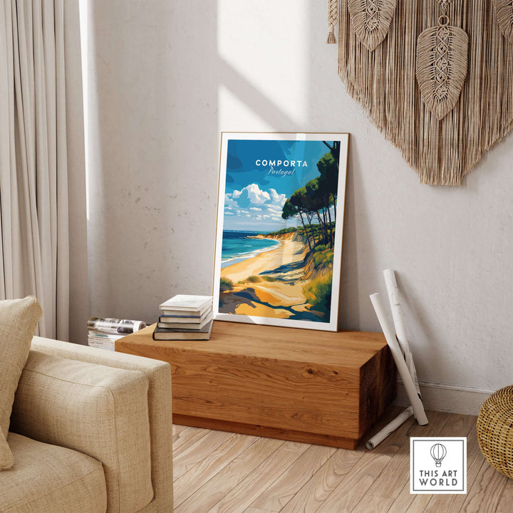 Comporta Portugal Beach Poster displayed in a cozy home setting, showcasing vibrant coastal landscape wall art.