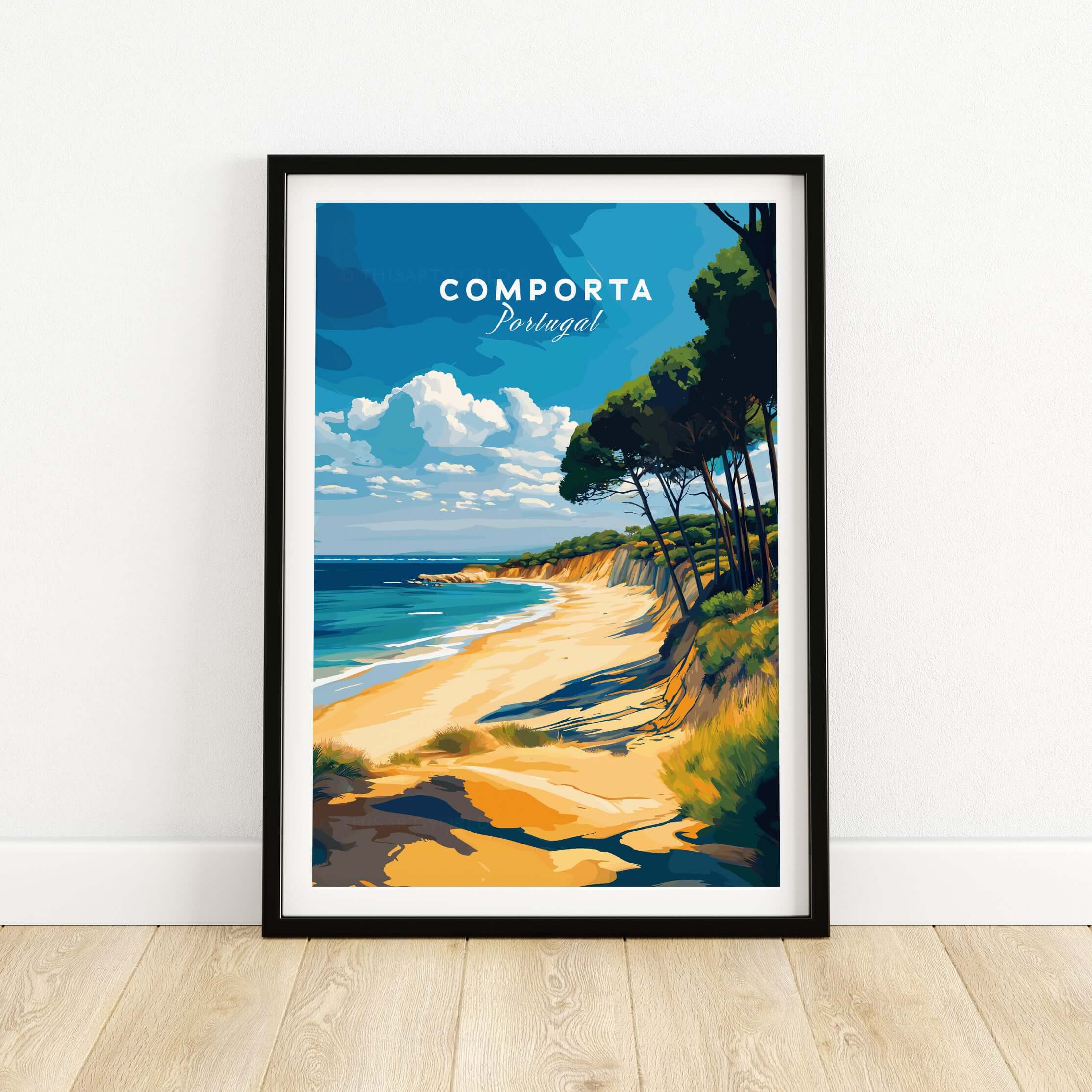 Comporta Portugal Beach Poster - Coastal Landscape Wall Art showcasing a serene beach scene with trees and blue skies.