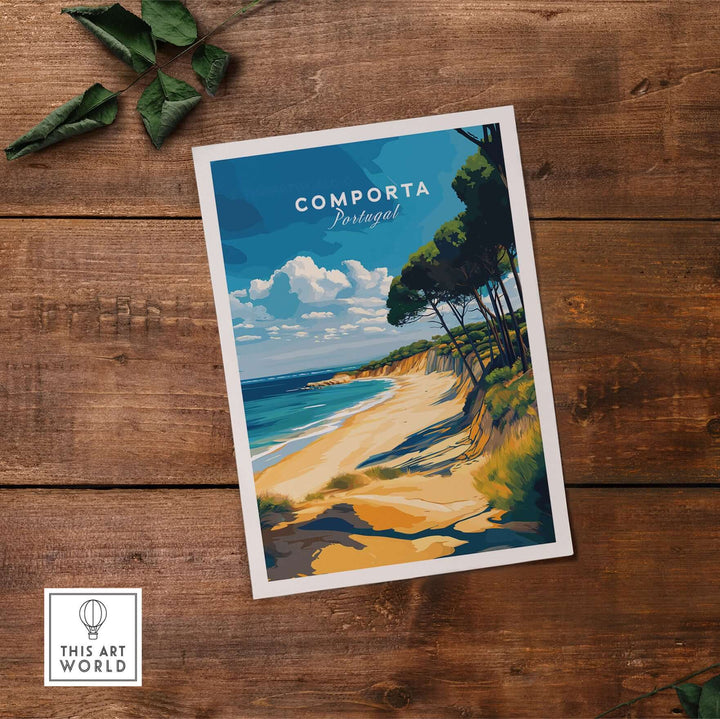 Comporta Portugal Beach Poster showcasing a vibrant coastal landscape with sandy shores and trees, perfect wall art for home decor.