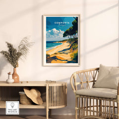 Comporta Portugal Beach Poster - Coastal Landscape Wall Art displayed in a cozy living room setting.