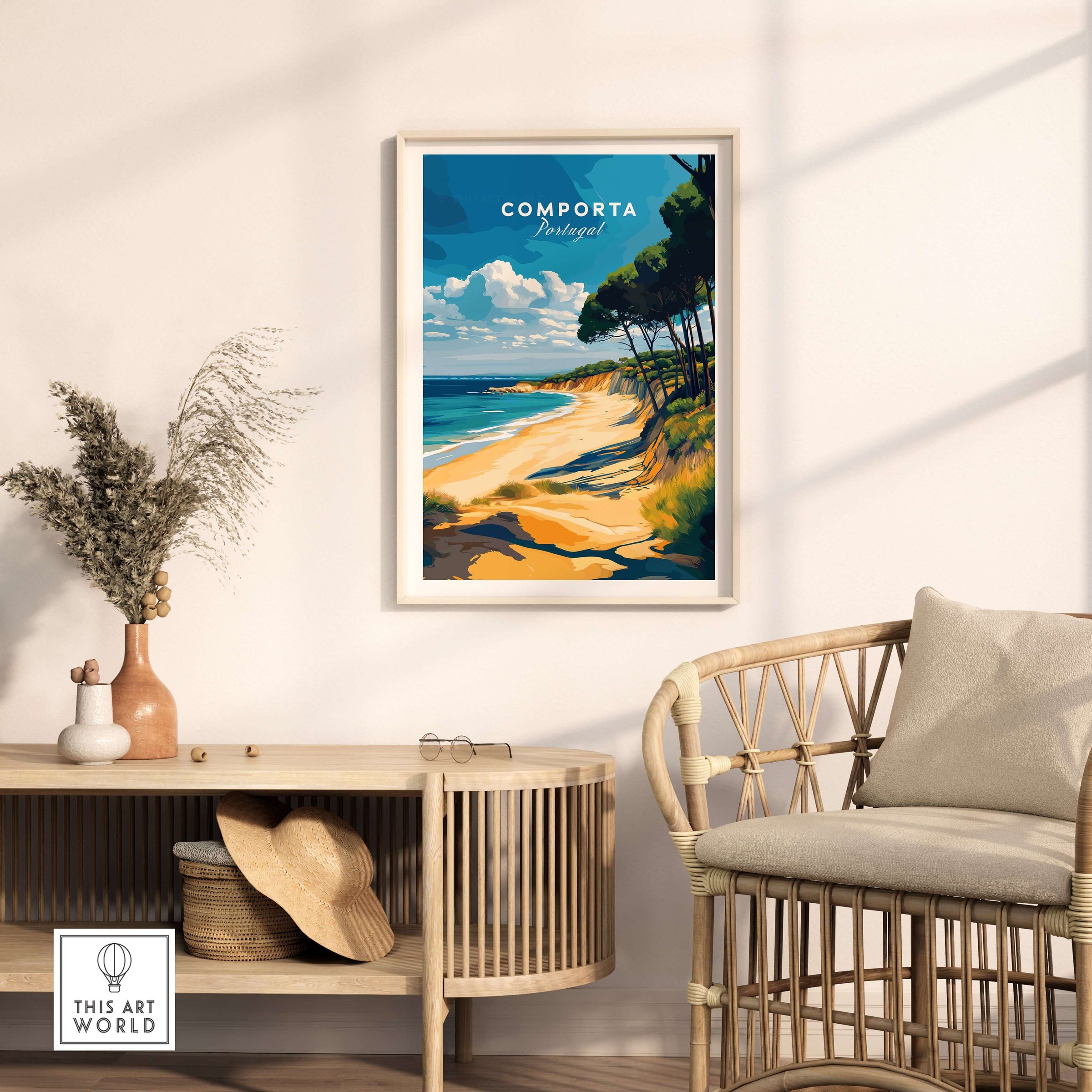 Comporta Portugal Beach Poster - Coastal Landscape Wall Art displayed in a cozy living room setting.
