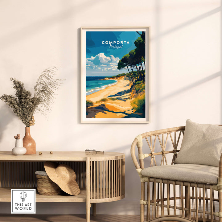 Comporta Portugal beach poster displaying coastal landscape art in a stylish interior setting.