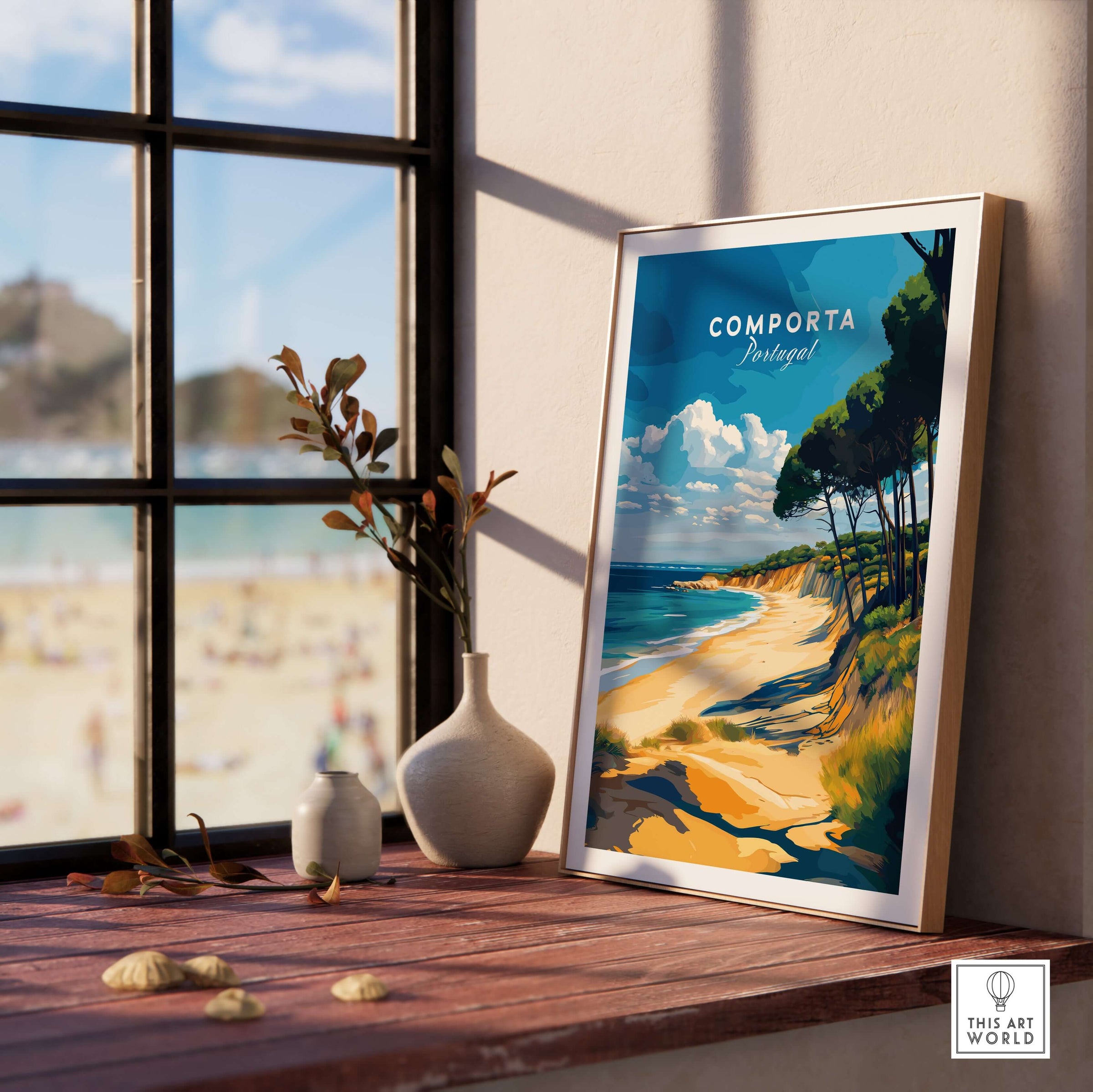 Comporta Portugal Beach Poster - Coastal Landscape Wall Art displayed in a sunlit room by the window.