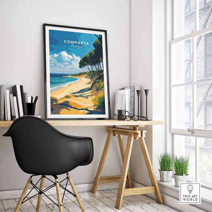 Comporta Portugal beach poster displayed in a modern workspace, showcasing a coastal landscape art piece.
