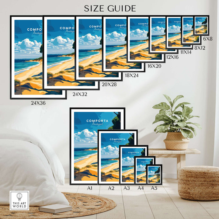Comporta Portugal Beach Poster size guide showcasing various frame sizes and coastal artwork styles.
