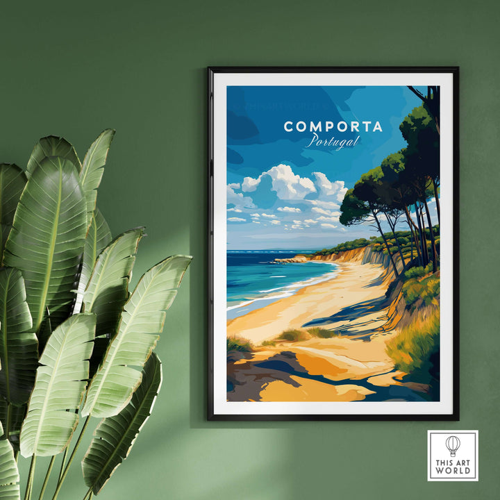 Comporta Portugal beach poster featuring coastal landscape and vibrant colors on a green wall.