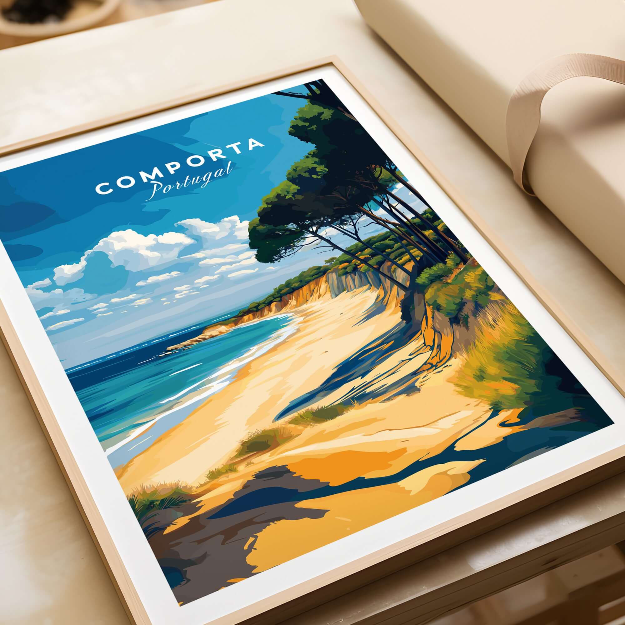 Comporta Portugal Beach Poster - Coastal Landscape Wall Art showcasing a serene beach scene with trees and ocean.