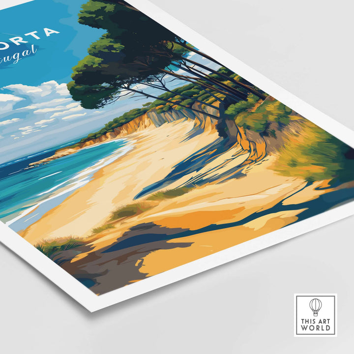 Comporta Portugal beach poster featuring a vibrant coastal landscape with sandy shores and lush greenery.