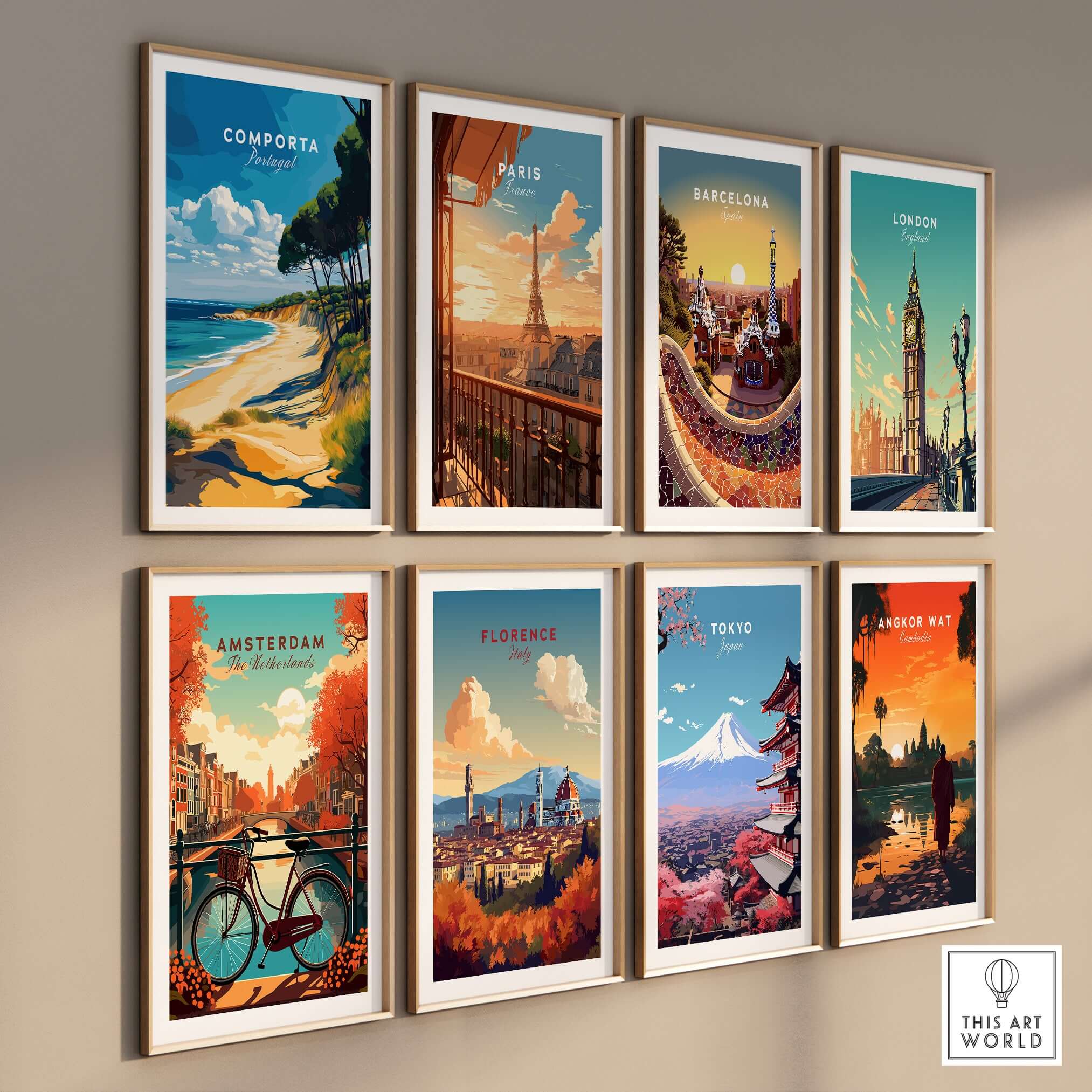Comporta Portugal Beach Poster - Coastal Landscape Wall Art displayed among various city posters for a vibrant decor.