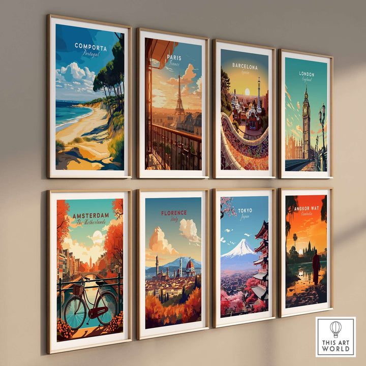Gallery of travel posters featuring Comporta, Portugal and iconic cities like Paris, Barcelona, and London.