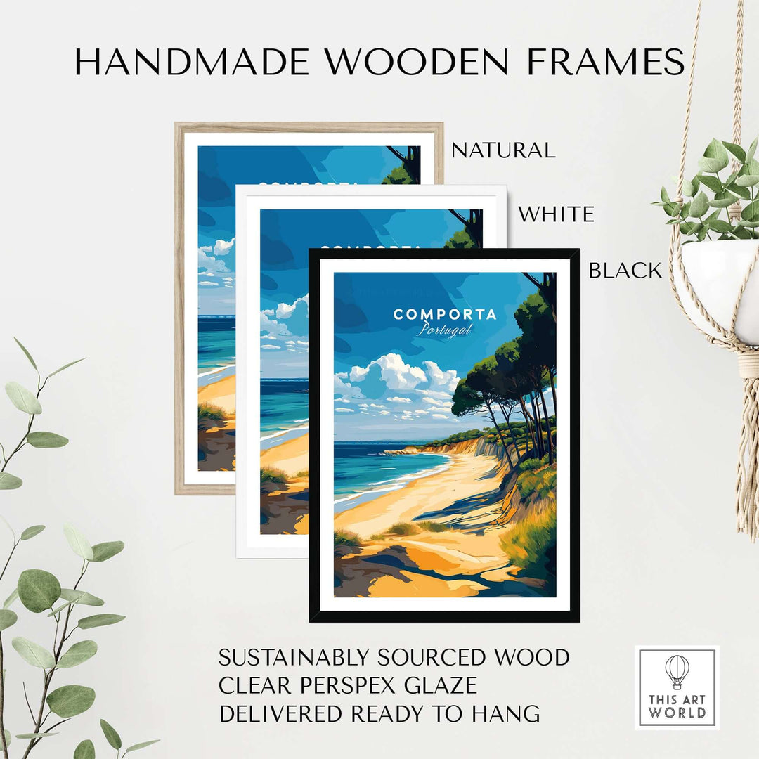 Handmade wooden frames in natural, white, and black for Comporta Portugal beach poster, crafted from sustainably sourced wood.