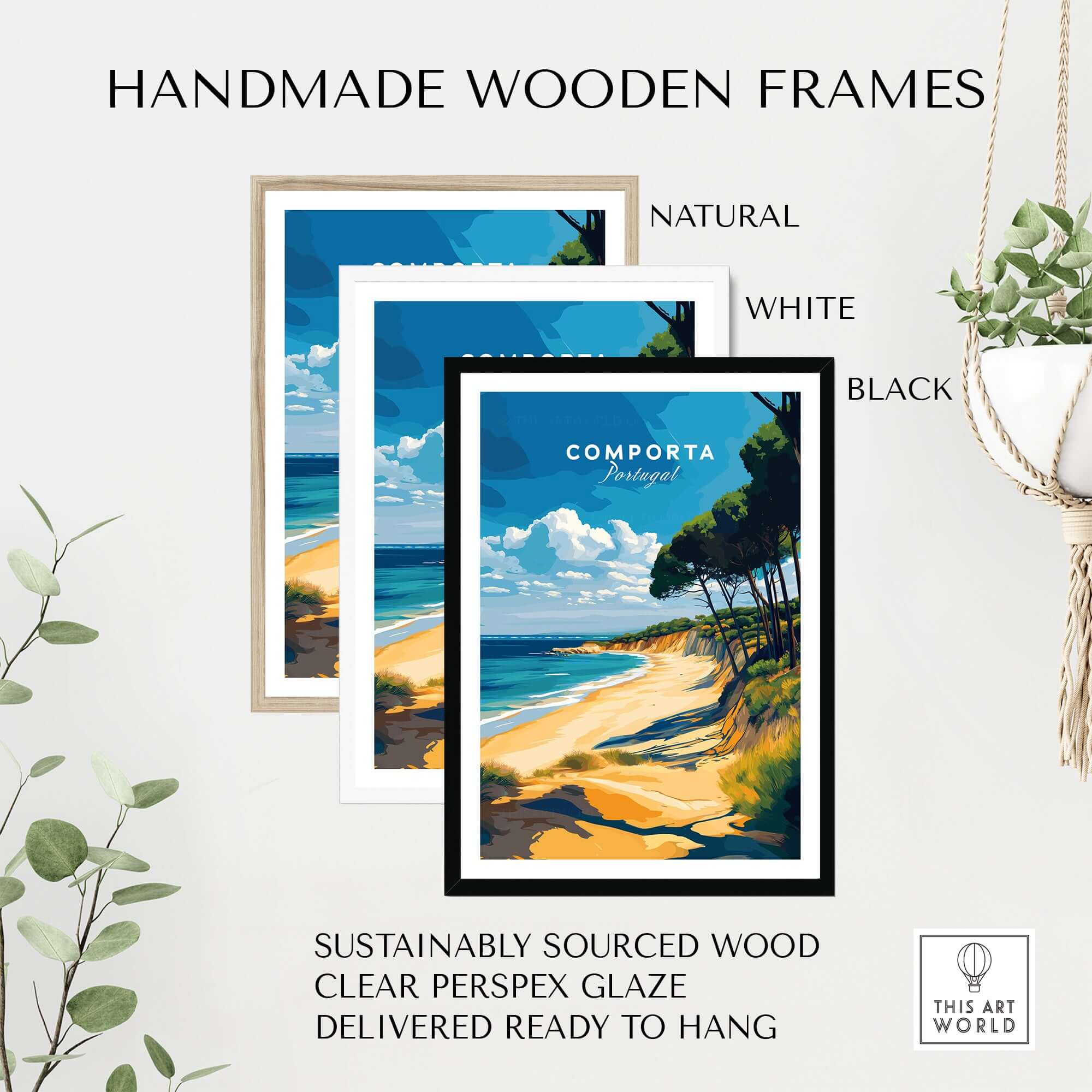 Comporta Portugal Beach Poster - Coastal Landscape Wall Art displayed in handmade wooden frames in natural, white, and black.