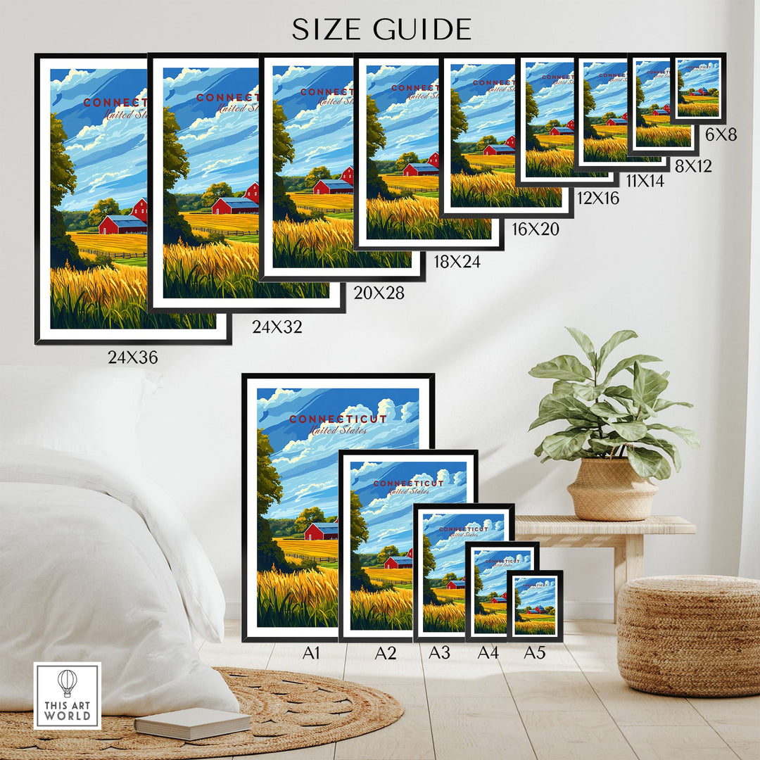 "Connecticut Art Print sizes guide showcasing vibrant landscape designs for home decor, available from 6x8 to 24x36 inches."