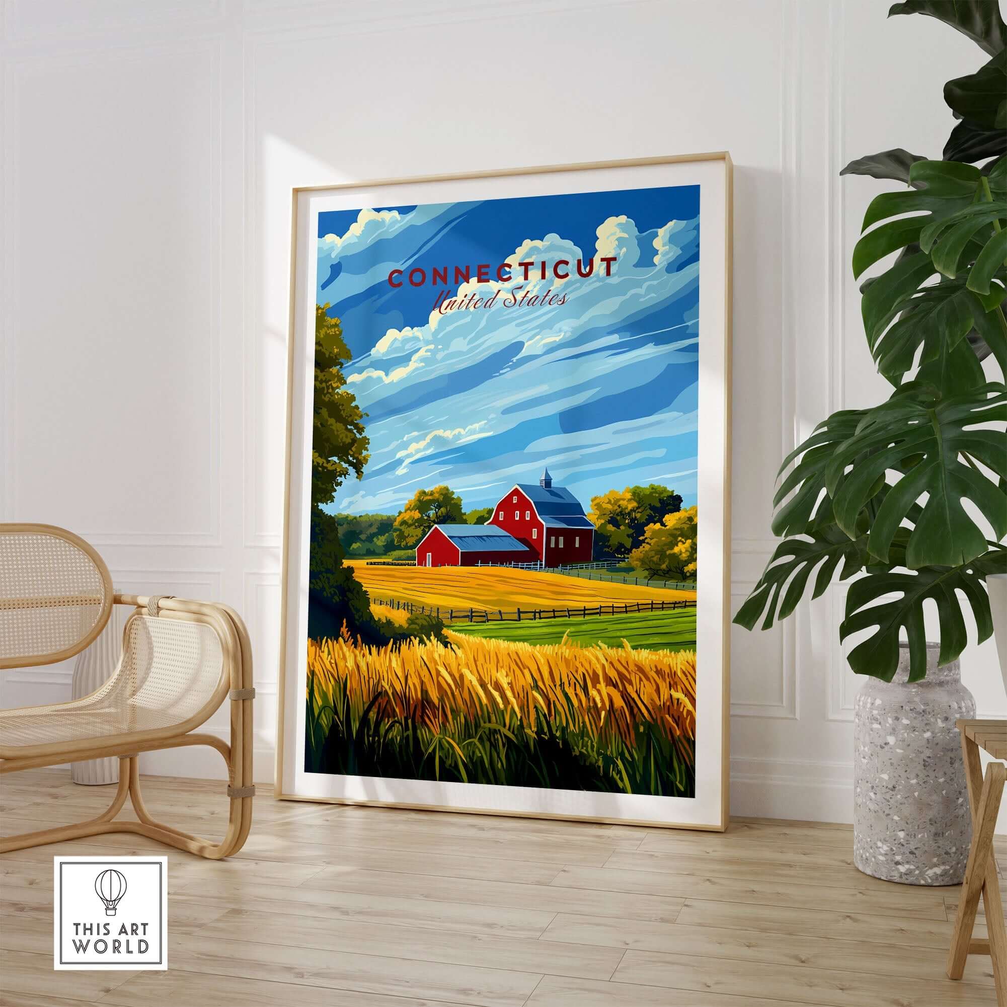 Connecticut Art Print featuring vibrant colors and intricate details with a scenic landscape and barn.
