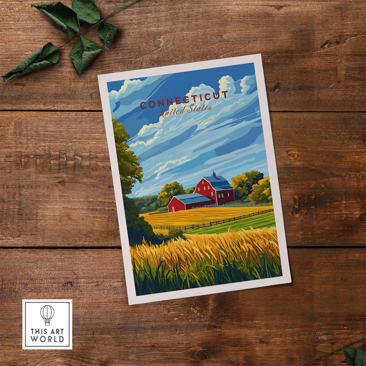 Connecticut art print featuring colorful countryside landscape with a red barn, enhancing home decor with vibrant design.