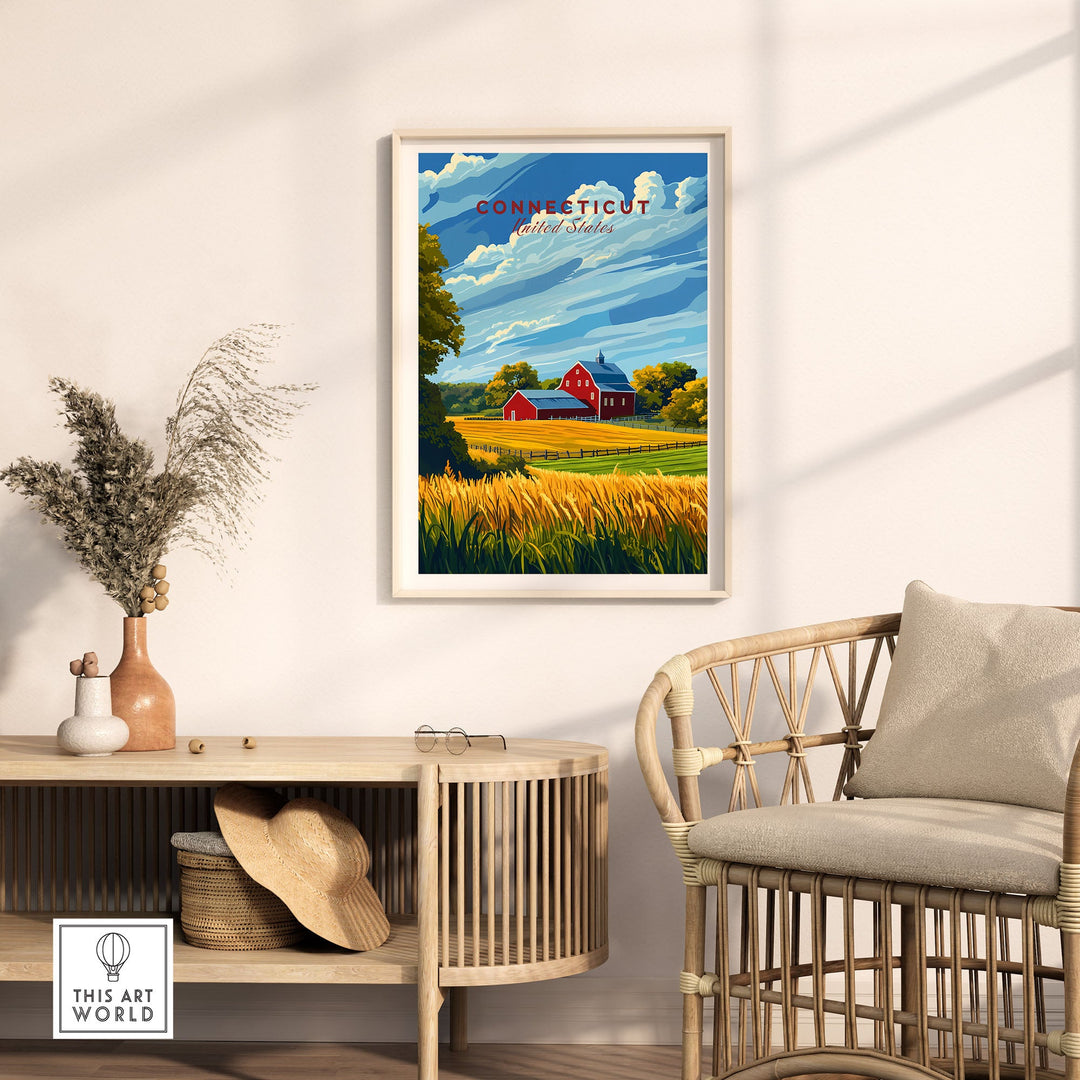 Connecticut art print on wall, vibrant colors, perfect for home decor, showcasing state's beauty. Travel Posters USA.