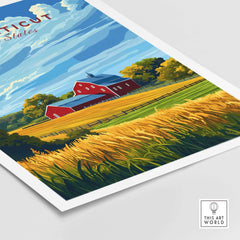Connecticut Art Print featuring a red barn and vibrant fields, perfect for home decor and showcasing love for Connecticut.
