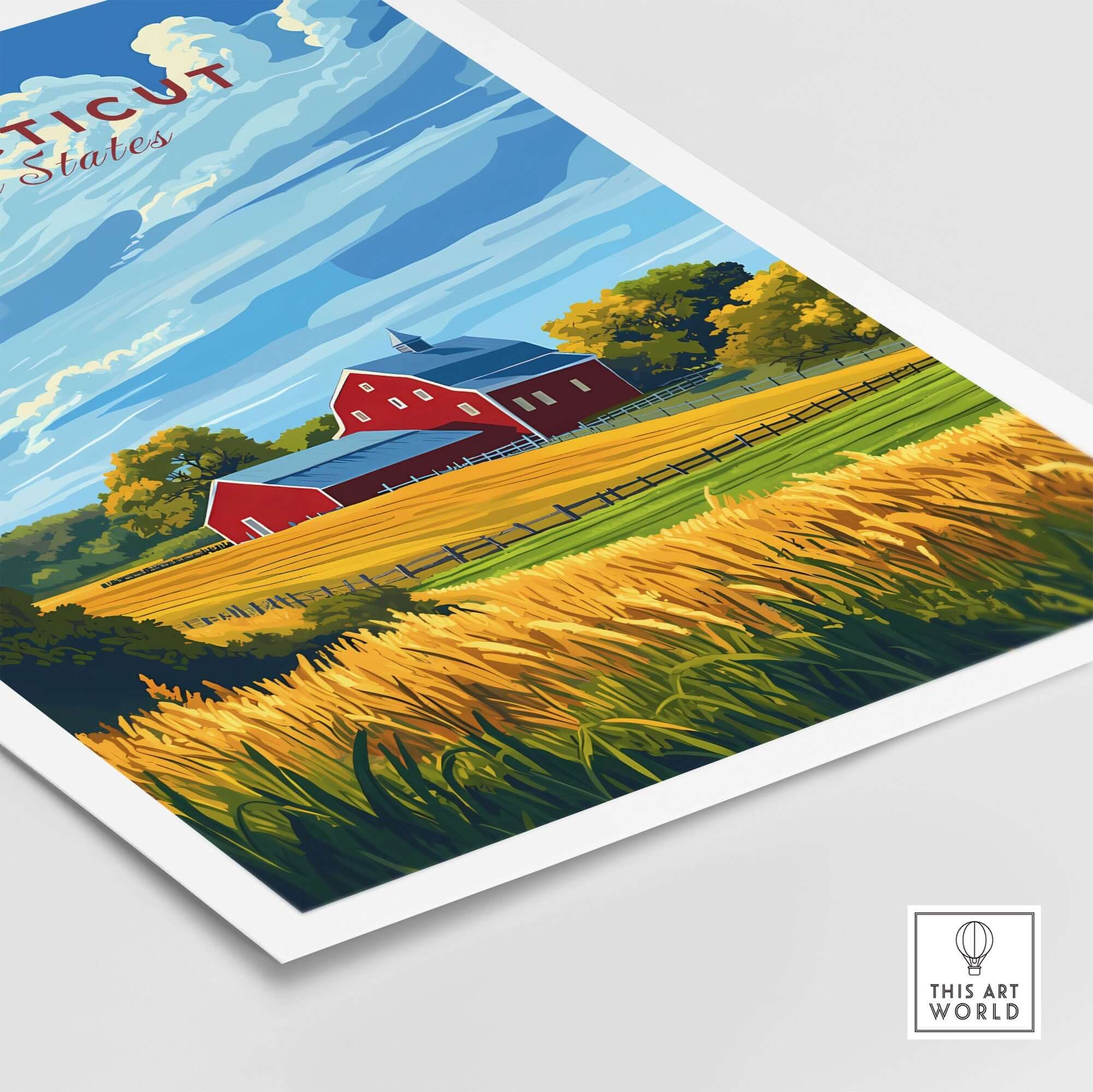 Connecticut Art Print featuring a red barn and vibrant fields, perfect for home decor and showcasing love for Connecticut.