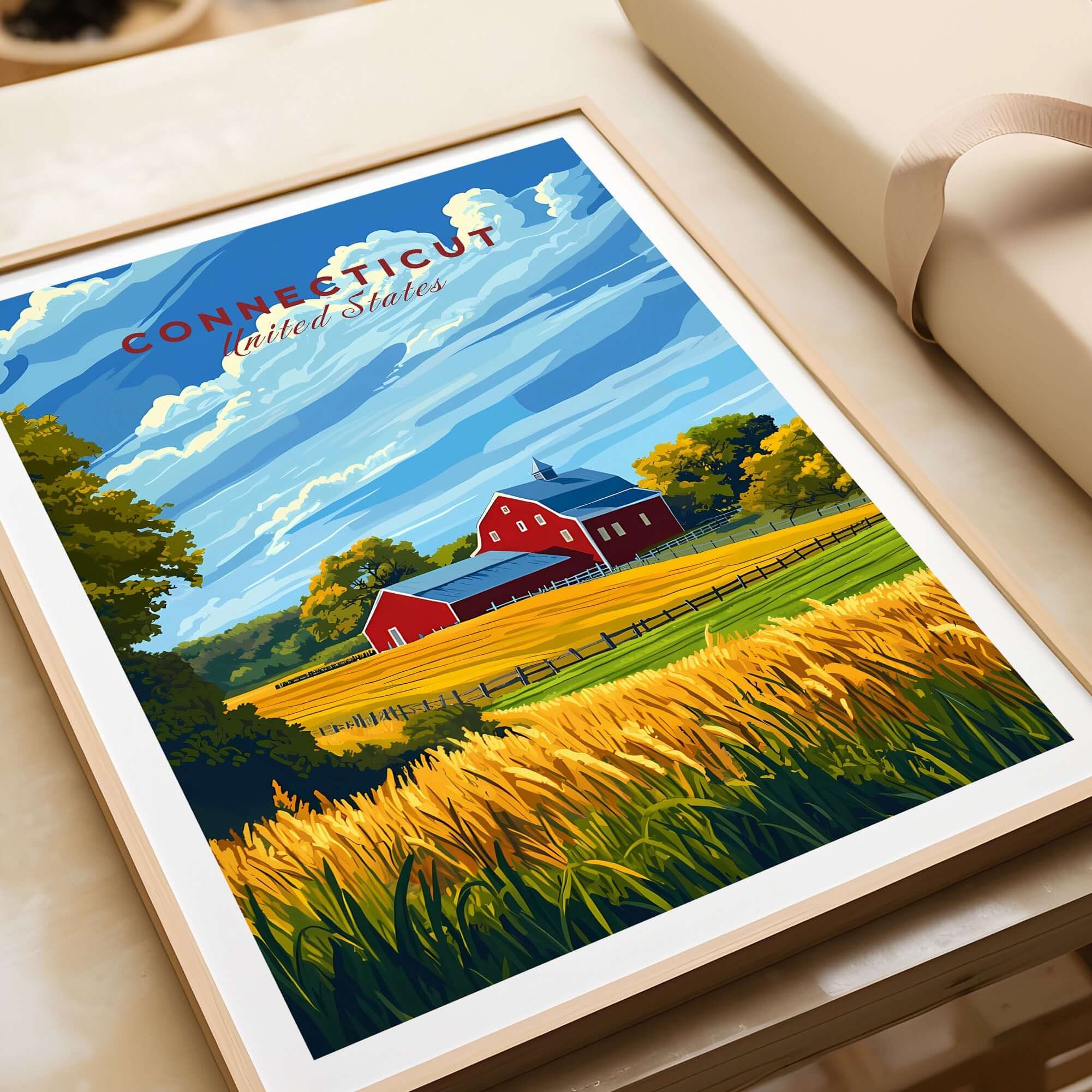 Connecticut Art Print showcasing a vibrant farm landscape with a red barn and golden fields in a framed design.