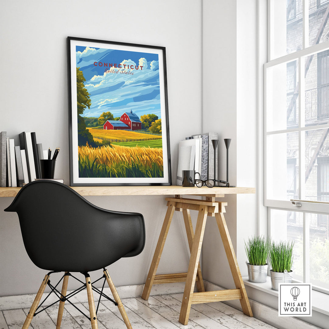 Connecticut art print in modern home office, vibrant colors, travel poster style decor.