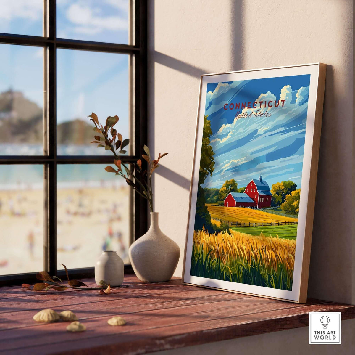 Connecticut Art Print displayed on a windowsill, featuring vibrant colors and a scenic landscape.