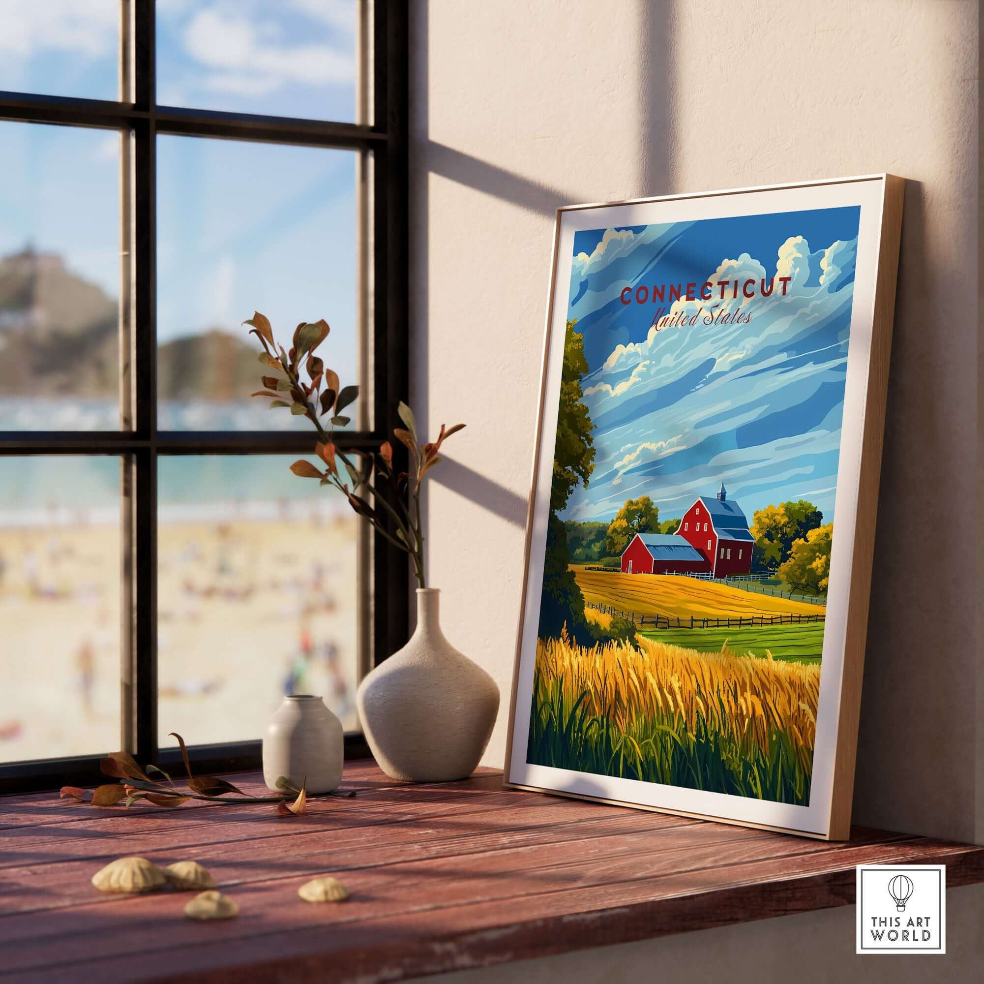 Connecticut Art Print displayed on a windowsill, featuring vibrant colors and a scenic landscape.